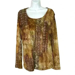 Chicos 3 top scoop neck batik print long sleeve stretch lightweight brown